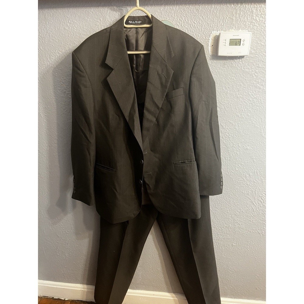 Kilburne and Finch Mens 43R Grayish Green Pinstrip2‎ Piece Suit Button Wool Blen